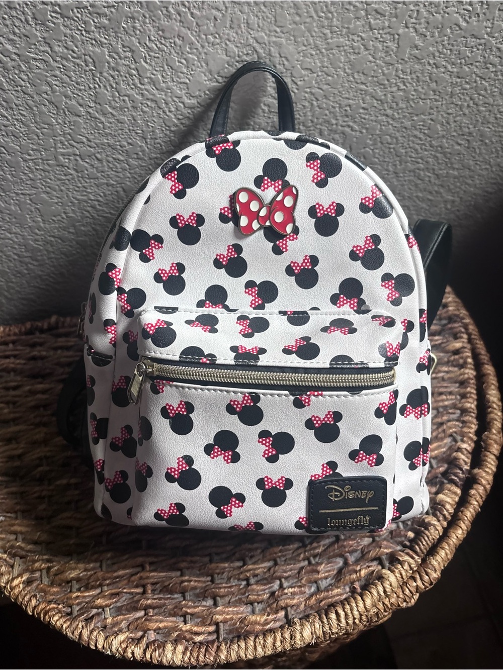 Loungefly White Minnie Mouse Patterned Mini Backpack with Red Bows